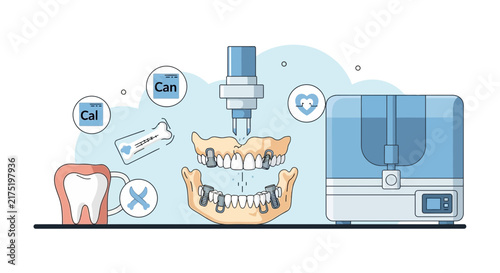 Modern Dental Implant Technology and Digital CAD CAM Prosthetic Illustration