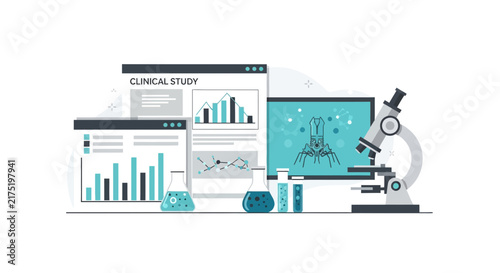 Clinical Study and Medical Data Analysis Flat Vector Illustration featuring Microscope, Research Charts, and Lab Equipment