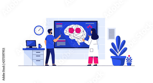 Scientists analyzing artificial intelligence and neural network brain data on digital screen in modern laboratory