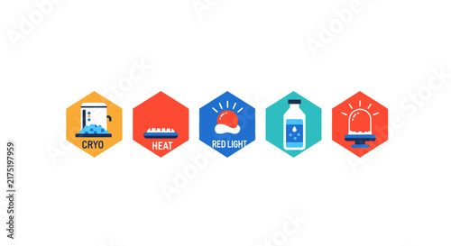 Wellness and Recovery Therapy Icons: Cryotherapy, Heat, Red Light, and Hydration