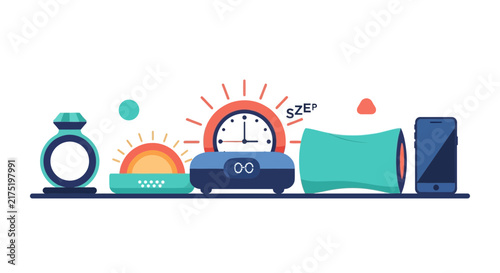 Morning Routine and Sleep Technology Flat Vector Icons with Alarm Clock, Sunrise Lamp, and Smartphone