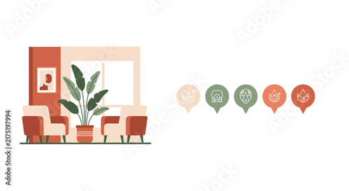 Minimalist Living Room and Natural Skincare Icons Illustration for Wellness and Home Spa Concepts