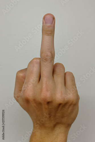 people of ai, hand making an obscene middle finger gesture, photorealistic