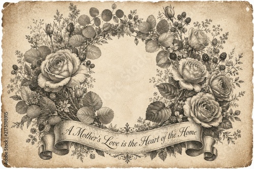Vintage engraved floral wreath with roses and berries framing a decorative banner with mothers love quote
