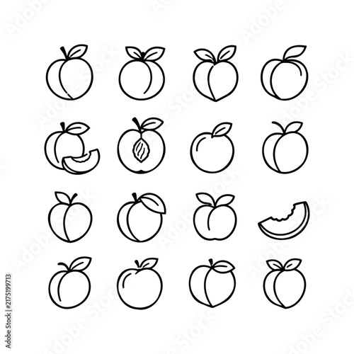 Fruit Outline Icon Set with Apple, Peach, Cherry and Banana Symbols