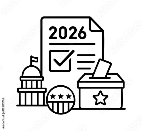 Election Voting Icon with Document, Ballot Box and Government Building Design