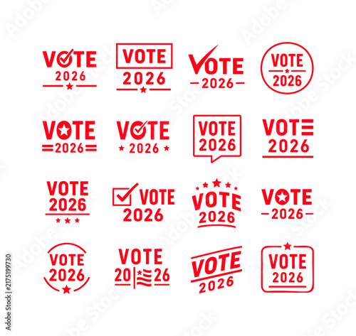 Red Vote Badge Collection with Stamp and Checkmark Election Typography Design
