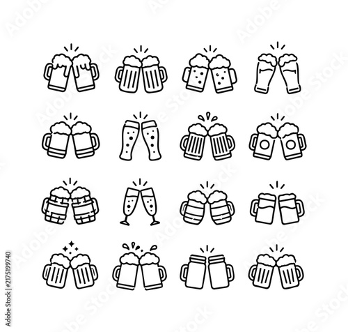 Beer Cheers Icon Set with Clinking Mugs and Champagne Glasses for Party Design