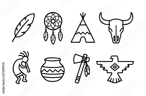 Native American Icon Set with Dreamcatcher, Teepee, Buffalo Skull and Totem Symbols