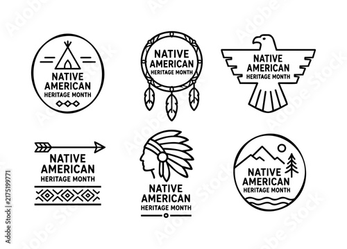 Native American Heritage Icon Set with Eagle, Dreamcatcher and Chief Portrait Badges
