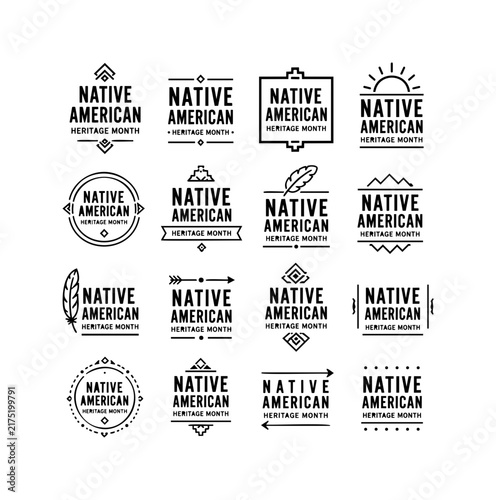 Native American Heritage Month Badge Collection with Tribal Icon and Line Emblem Design