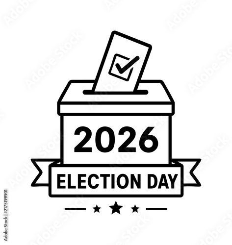 Election Day Ballot Box Icon with Checkmark Paper and Ribbon Banner Design