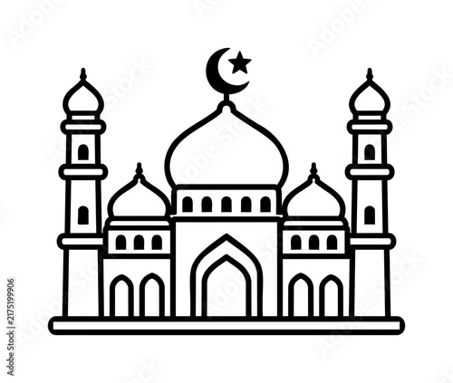 Mosque Building Icon with Crescent Moon and Minaret Islamic Architecture Design