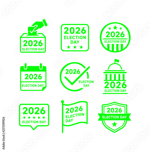 Green Election Day Icon Collection with Calendar, Checkmark and Badge Symbols