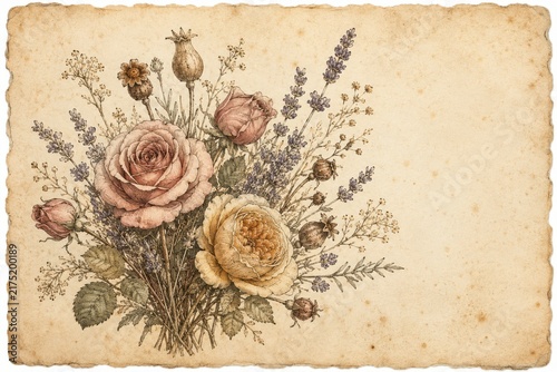Vintage floral arrangement featuring delicate roses lavender sprigs and dried poppy seed pods on aged parchment paper