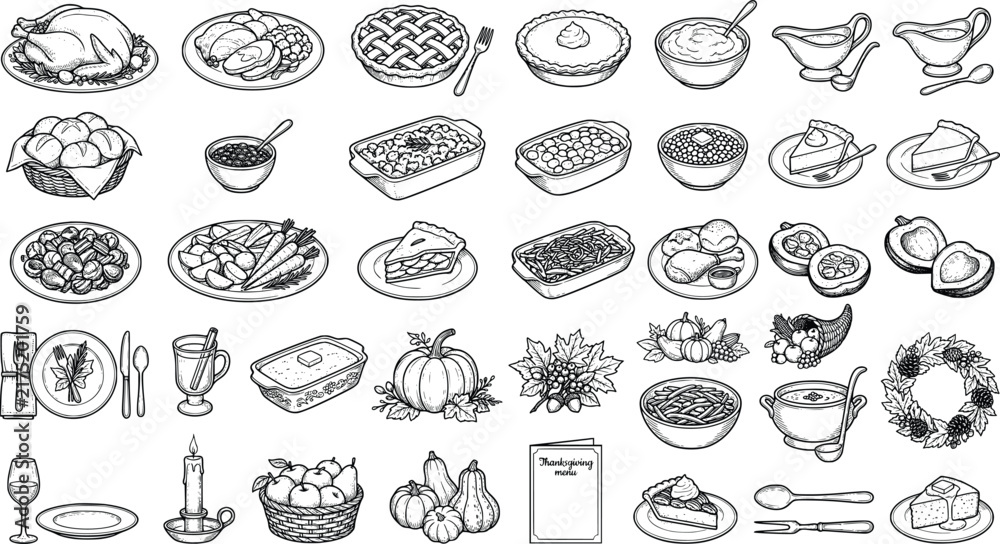 Obraz premium Hand-Drawn Vintage Thanksgiving Dinner Food Clipart Vector Set