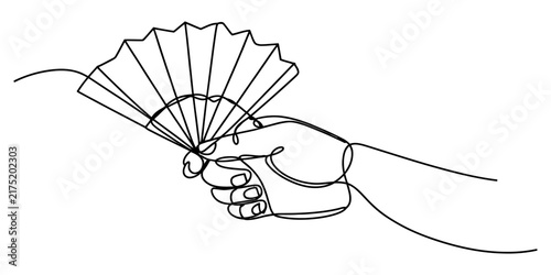 Continuous line drawing of a hand holding a traditional folding fan