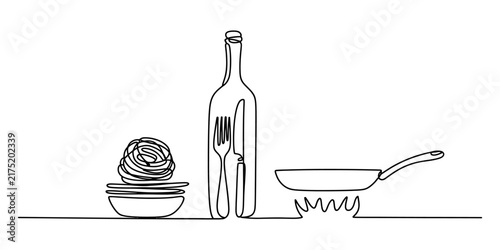 Continuous line drawing of a pasta dish wine bottle and a frying pan on stove