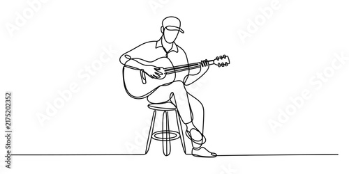 Continuous line drawing of a man sitting on a stool playing acoustic guitar