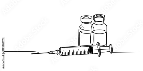 Medical syringe and vaccine glass vials in a continuous line art drawing style