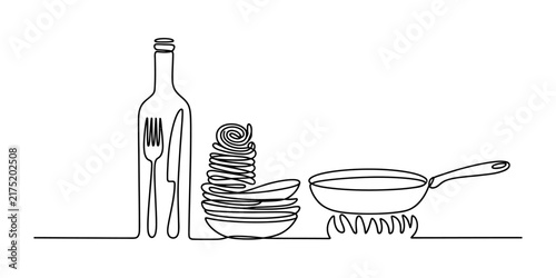 Continuous line drawing of a pasta dish wine bottle and a frying pan on stove