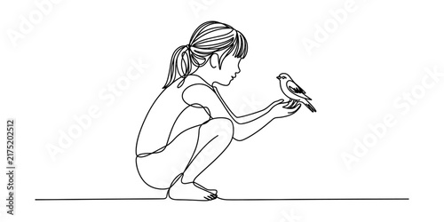 Little girl holding a small bird in her hands continuous line drawing