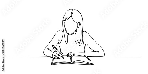 Woman writing in a notebook continuous line drawing