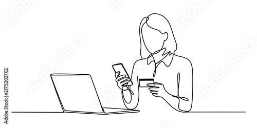 Woman shopping Continuous one line drawing with smartphone and credit card at a laptop computer