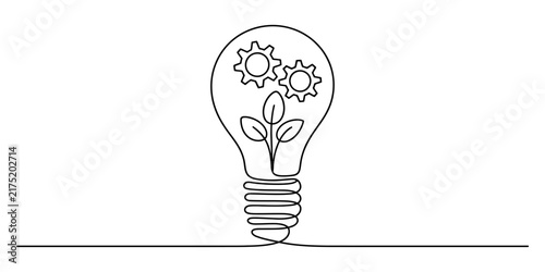 Continuous one line drawing of a light bulb with gears and a green plant inside