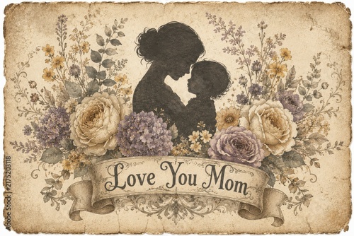 Vintage silhouette of a mother embracing her child surrounded by a bouquet of classic flowers and a banner stating Love You Mom