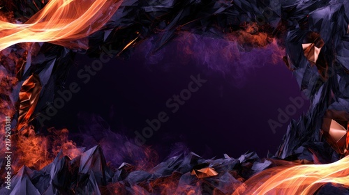 A dark abstract frame of jagged crystalline shapes glowing with orange fire light