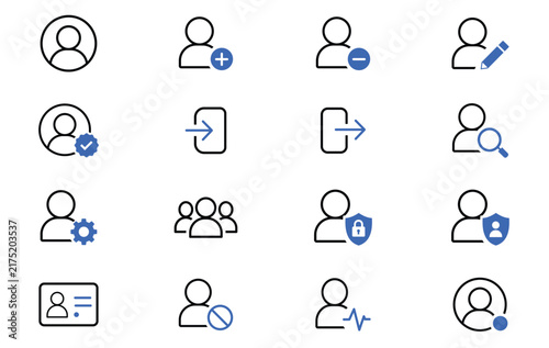 Set of user profile icons, including add, delete, edit, login, logout, search, settings, group, security, and identity verification symbols