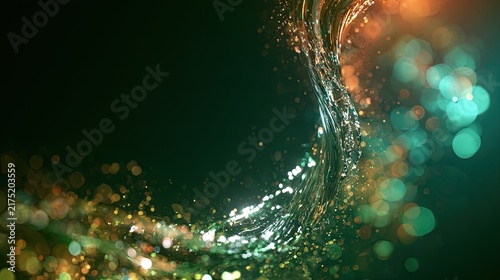A spiraling stream of flowing liquid captured amidst vibrant, blurry golden lights