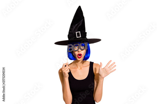 Canvastavla Did I scare you? Close up portrait of wizard, enchantress, sorceress with big ey