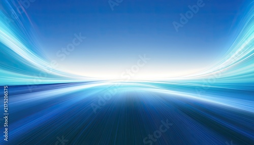 A fast motion blur effect creating abstract flowing blue lines toward a horizon