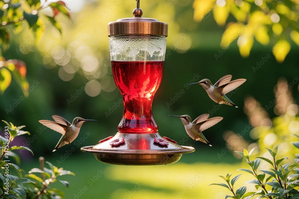 Obraz premium Three colorful hummingbirds fly near copper bird feeder with red nectar in backyard garden. Tiny avian creatures hover around nectar station among green leaves, summer sunlight. Small wild birds
