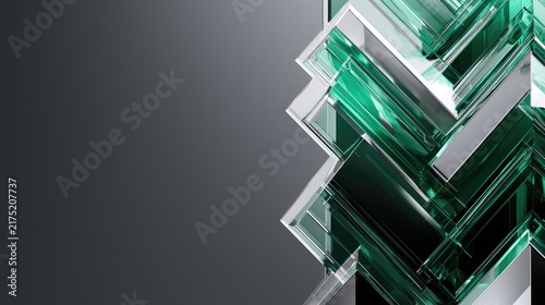 Abstract geometric shapes with translucent green and silver angular forms