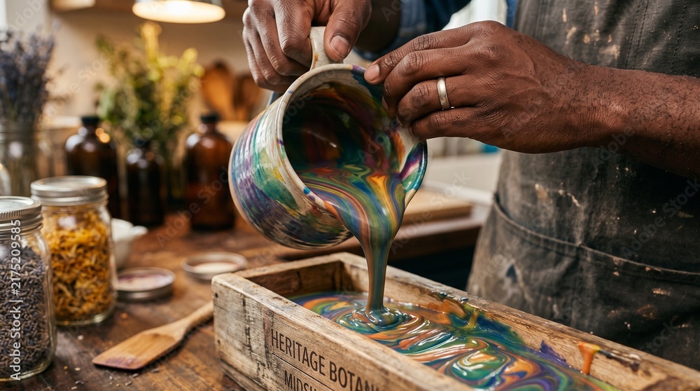 Obraz premium Artisan pouring colorful liquid into wooden mold for crafting soap.