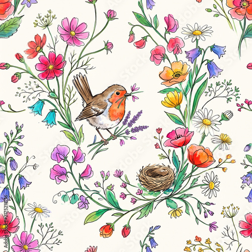 Robin Among Wildflowers: A charming robin with its signature orange breast perches amidst a vibrant tapestry of wildflowers and greenery, holding a delicate flower in its beak.