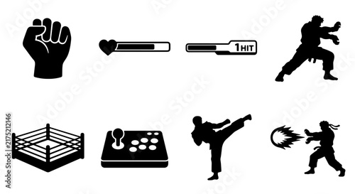 Fighting Game Icons Set: Fist, Health Bar, Combatants, Ring, Joystick, Fireball Attack, Vector Graphics for Gaming and Sports
