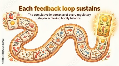 Biological feedback loop diagram illustrating homeostasis and bodily balance with regulatory steps and scientific icons, educational concept