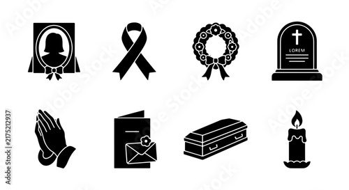 Funeral Icons Set, Mourning Symbols Collection, Grief and Remembrance Vector Graphics, Memorial Service Elements, Condolence Graphics