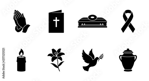 Funeral Icons Set, Grief and Mourning Symbols Collection, Condolence and Remembrance Vector Graphics, Religious and Spiritual Elements