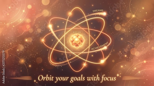 Atom model illustrating focus, dreams, and achievement with orbiting electrons and glowing bokeh lights in a cosmic background
