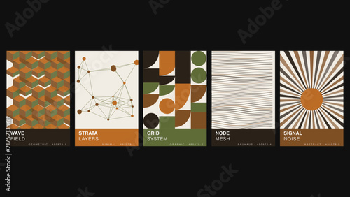 Foto Wave field, strata layers, grid system, node mesh, signal noise, five geometric