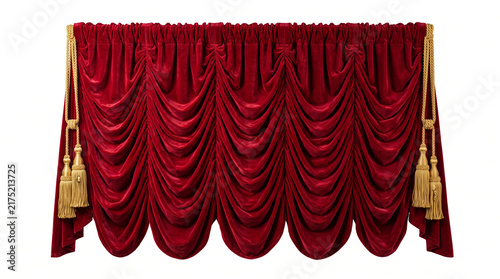 Ultra-realistic luxurious crimson-red velvet theater curtain gathered into deep elegant folds, rich plush textile fibers, golden decorative tassels on both sides and realistic draping