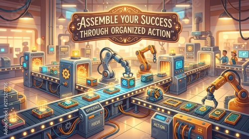 Automated assembly line in a futuristic factory, with robotic arms building components, illustrating organized action for success and efficiency.