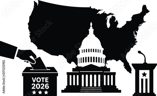 2026 United States Election Vote Silhouette with Capitol and American Map
