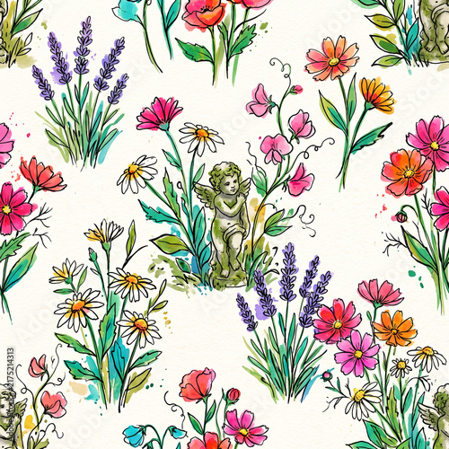 Whimsical Floral Garden with Cherub Motif: A charming watercolor pattern features an array of colorful wildflowers like daisies, poppies, and lavender, interspersed with playful cherub statues.