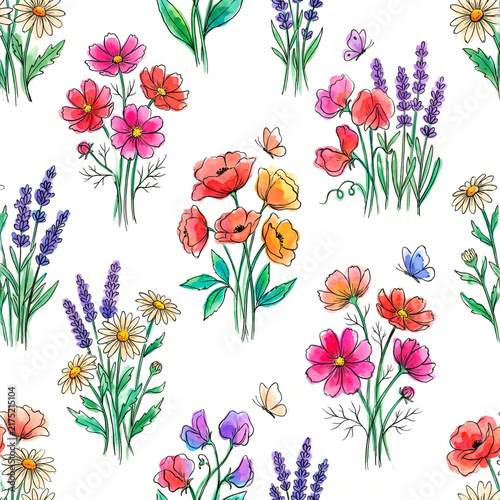 A Symphony of Summer Blooms: A vibrant watercolor collection of delicate wildflowers, including cosmos, poppies, lavender, and daisies, dances with charming butterflies.